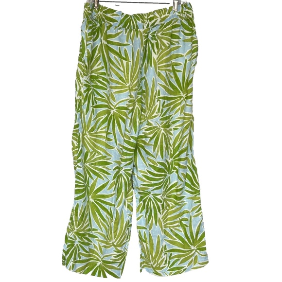 Sigrid Olsen 100% Linen Pants 1X Wide Leg Green & Blue Tropical Leaves Lounge - Picture 2 of 8